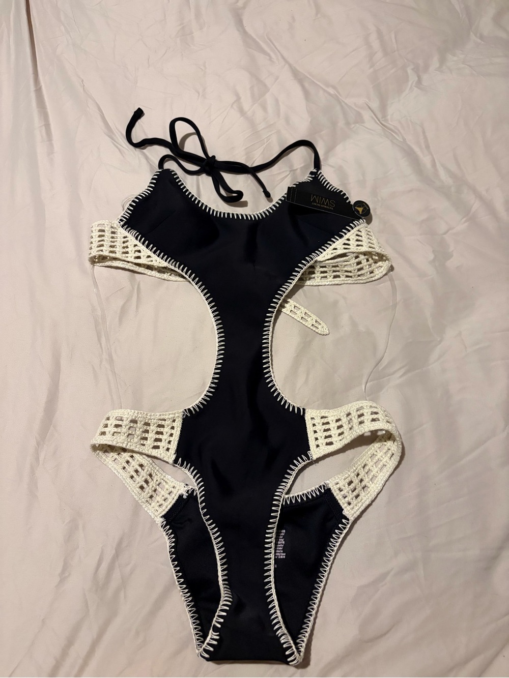 Victoria’s Secret Black and White Crochet-Trim One Piece Swimsuit